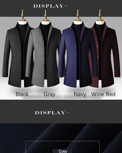 Men's Trench Coat - Business Casual Jacket With Stand Collar, Warm Wool Blend - ZOOMNSTORE