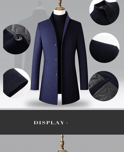 Men's Trench Coat - Business Casual Jacket With Stand Collar, Warm Wool Blend - ZOOMNSTORE