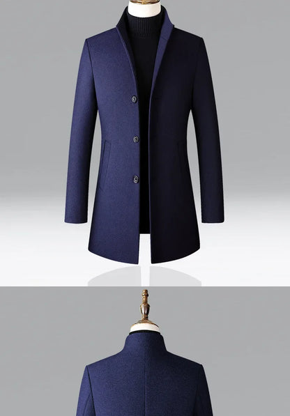 Men's Trench Coat - Business Casual Jacket With Stand Collar, Warm Wool Blend - ZOOMNSTORE