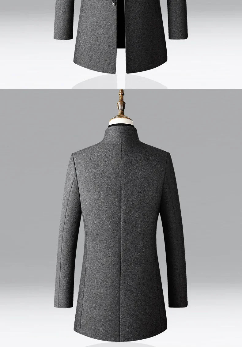 Men's Trench Coat - Business Casual Jacket With Stand Collar, Warm Wool Blend - ZOOMNSTORE