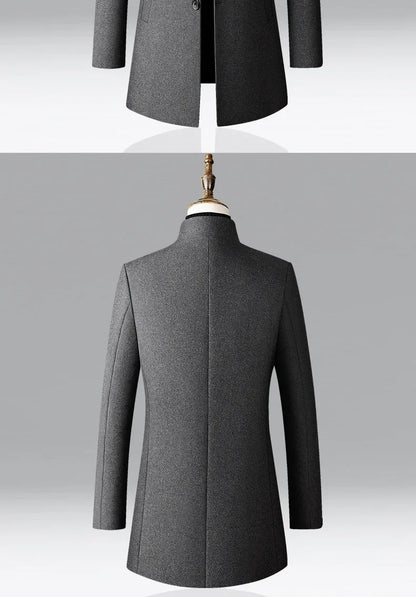 Men's Trench Coat - Business Casual Jacket With Stand Collar, Warm Wool Blend - ZOOMNSTORE