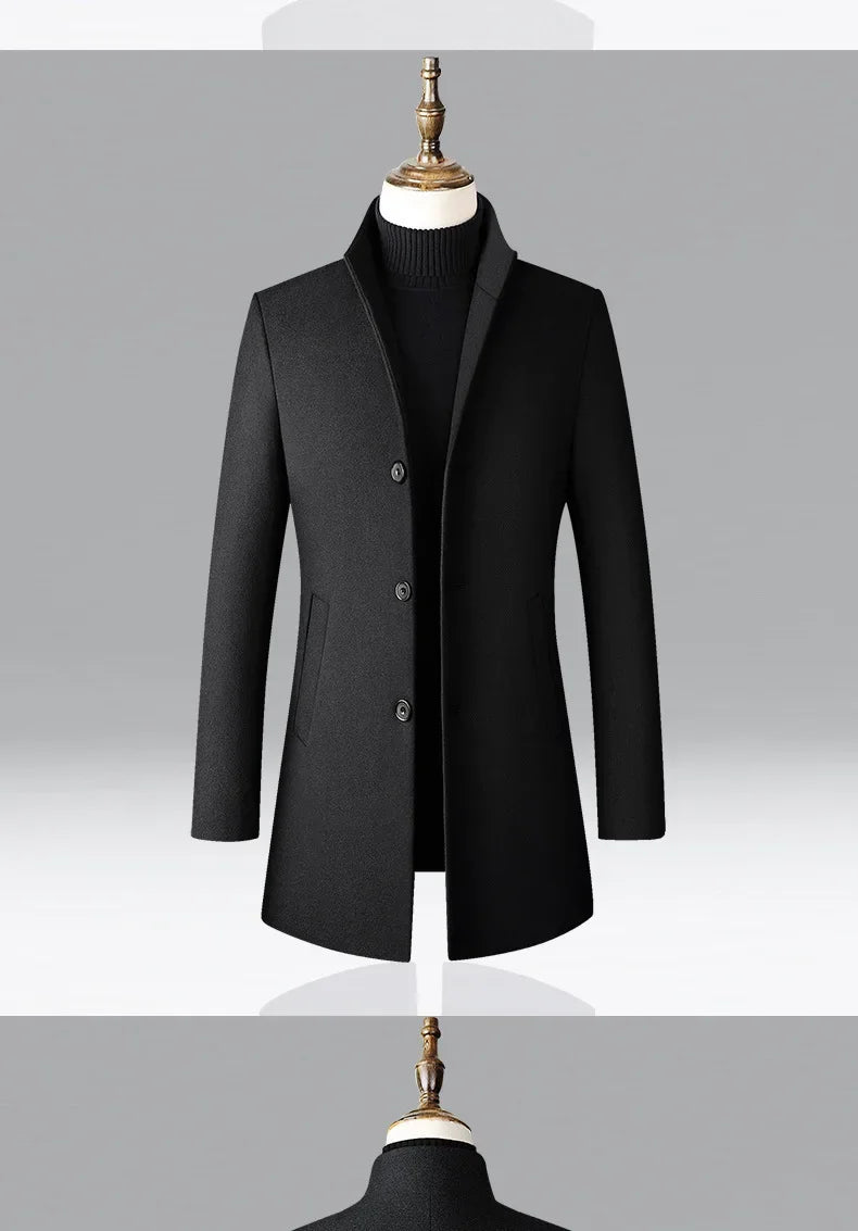 Men's Trench Coat - Business Casual Jacket With Stand Collar, Warm Wool Blend - ZOOMNSTORE