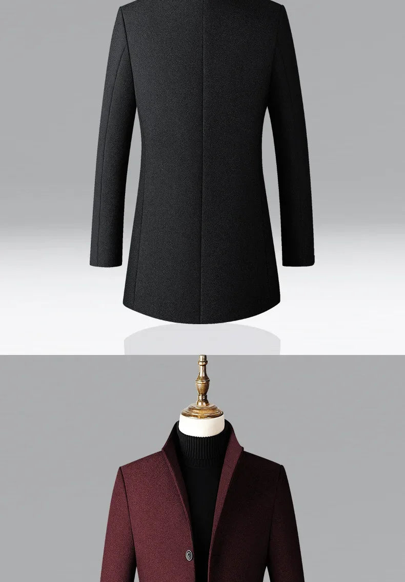 Men's Trench Coat - Business Casual Jacket With Stand Collar, Warm Wool Blend - ZOOMNSTORE