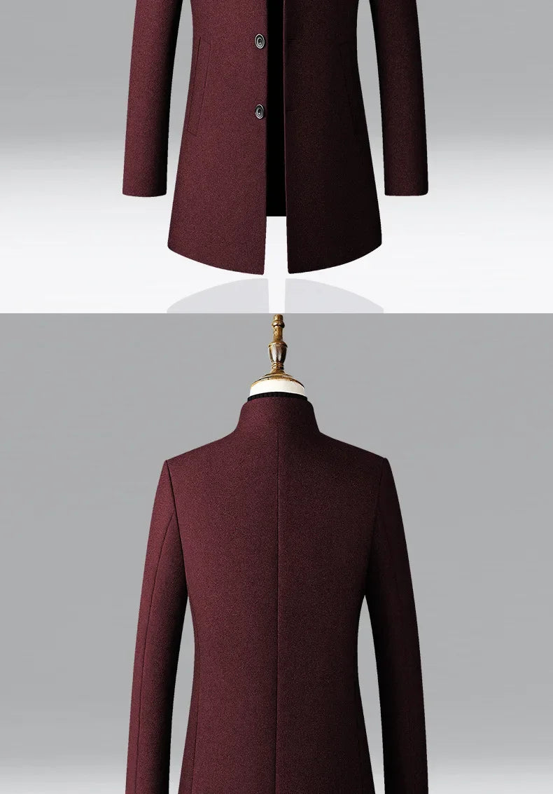 Men's Trench Coat - Business Casual Jacket With Stand Collar, Warm Wool Blend - ZOOMNSTORE