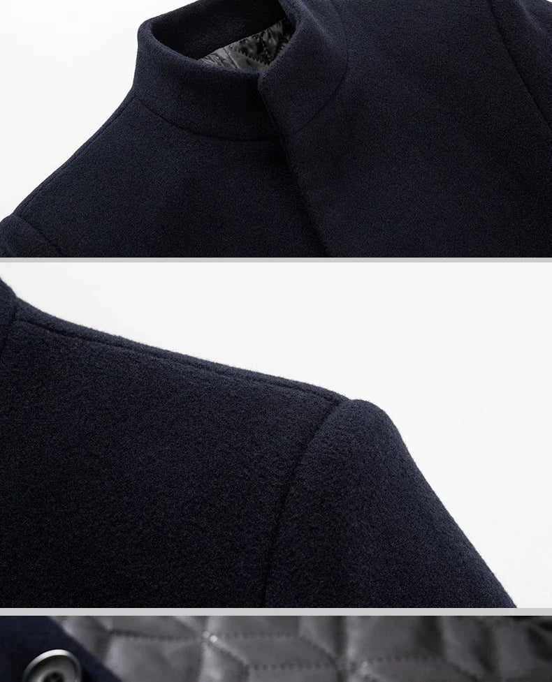 Men's Trench Coat - Business Casual Jacket With Stand Collar, Warm Wool Blend - ZOOMNSTORE