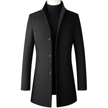 Men's Trench Coat - Business Casual Jacket With Stand Collar, Warm Wool Blend - ZOOMNSTORE