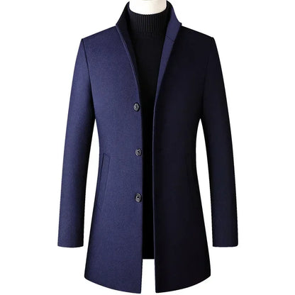 Men's Trench Coat - Business Casual Jacket With Stand Collar, Warm Wool Blend - ZOOMNSTORE