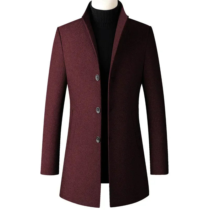 Men's Trench Coat - Business Casual Jacket With Stand Collar, Warm Wool Blend - ZOOMNSTORE