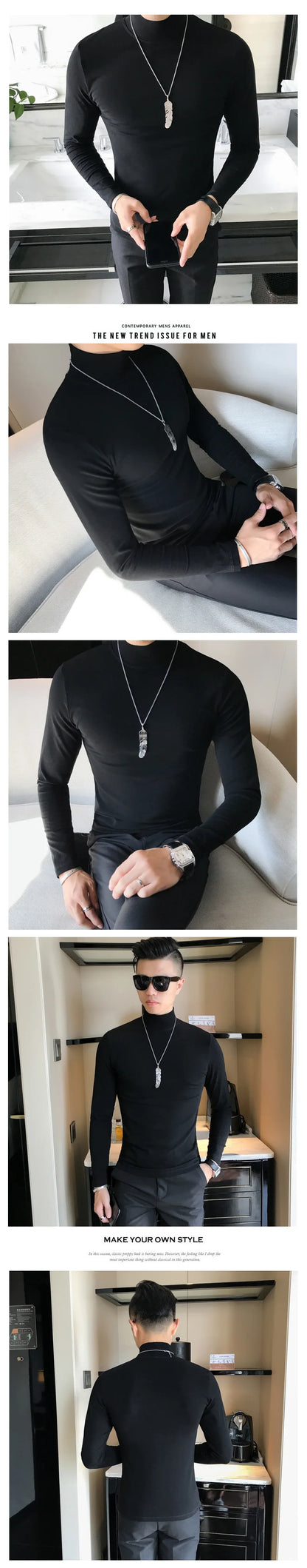 Men's Turtleneck Shirt - Slim Fit Pullover Long Sleeve | Lightweight Knitwear Tee - ZOOMNSTORE