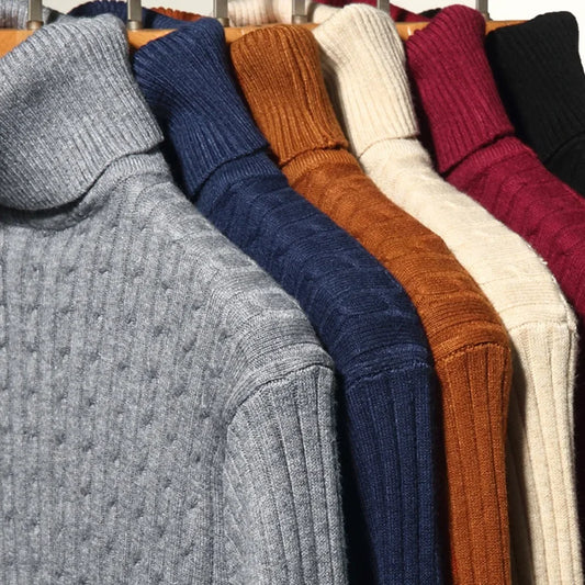New Men's Turtleneck Sweaters Autumn Knitted Striped Streetwear Warm Long Sleeved Pullover Solid Color Basic Style Casual Tops - ZOOMNSTORE