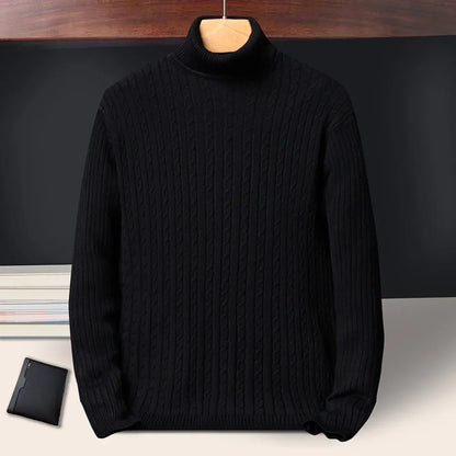 New Men's Turtleneck Sweaters Autumn Knitted Striped Streetwear Warm Long Sleeved Pullover Solid Color Basic Style Casual Tops - ZOOMNSTORE