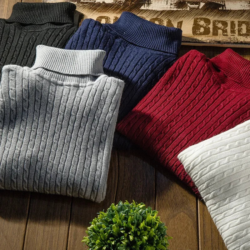 New Men's Turtleneck Sweaters Autumn Knitted Striped Streetwear Warm Long Sleeved Pullover Solid Color Basic Style Casual Tops - ZOOMNSTORE