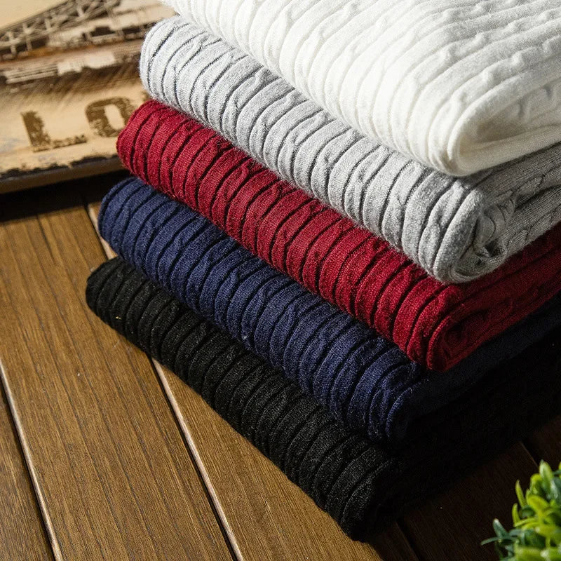 New Men's Turtleneck Sweaters Autumn Knitted Striped Streetwear Warm Long Sleeved Pullover Solid Color Basic Style Casual Tops - ZOOMNSTORE