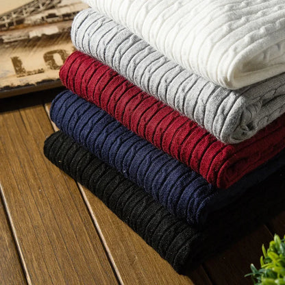 New Men's Turtleneck Sweaters Autumn Knitted Striped Streetwear Warm Long Sleeved Pullover Solid Color Basic Style Casual Tops - ZOOMNSTORE