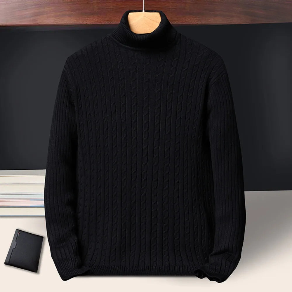 New Men's Turtleneck Sweaters Autumn Knitted Striped Streetwear Warm Long Sleeved Pullover Solid Color Basic Style Casual Tops - ZOOMNSTORE