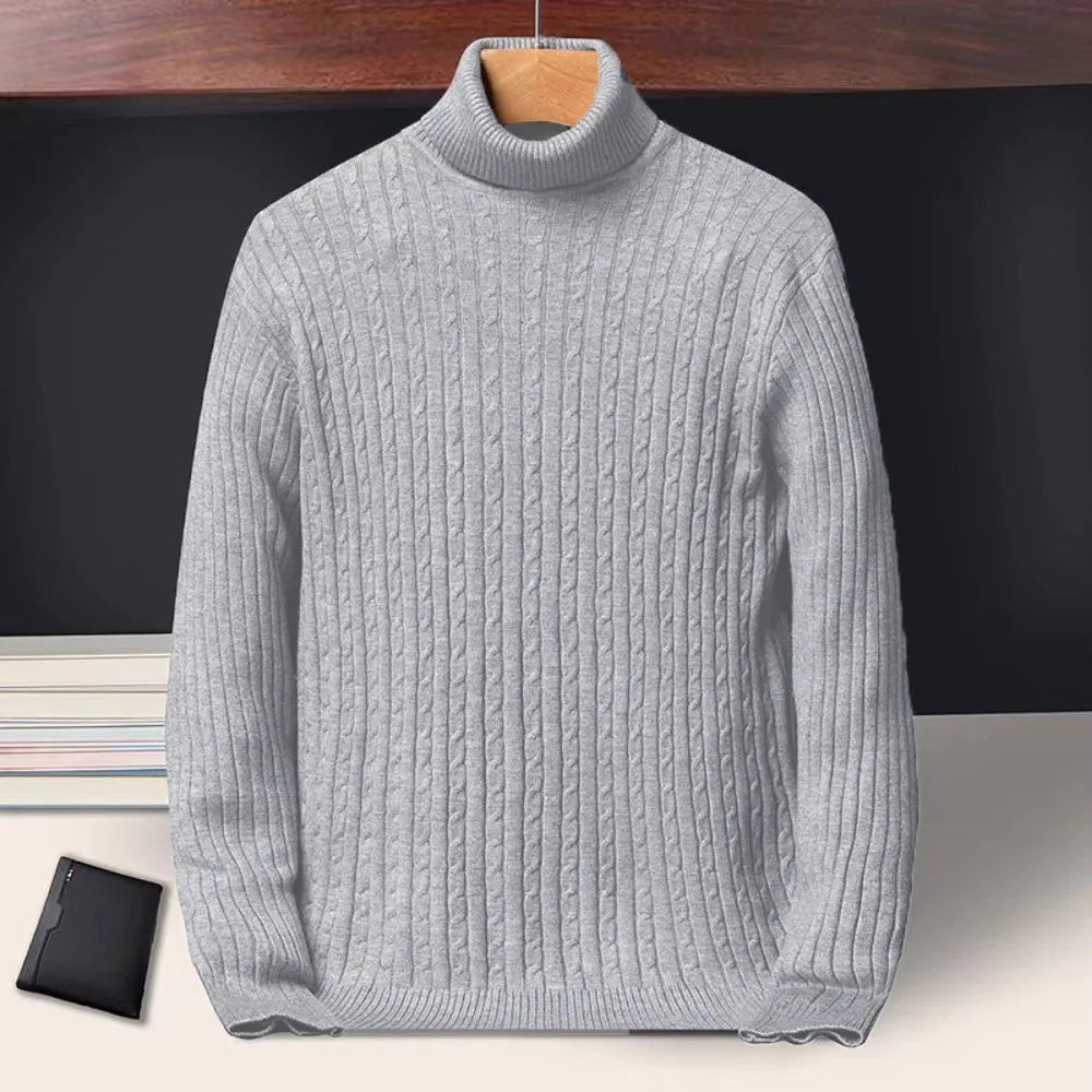 New Men's Turtleneck Sweaters Autumn Knitted Striped Streetwear Warm Long Sleeved Pullover Solid Color Basic Style Casual Tops - ZOOMNSTORE