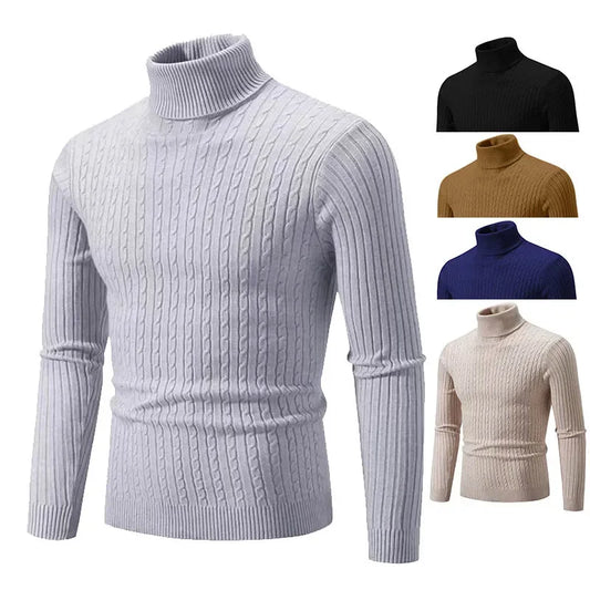 2025 New Men's High Neck Sweater Solid Color Pullover Knitted Warm Casual Turtleneck Sweatwear Woolen Mens Winter Outdoor Tops - ZOOMNSTORE