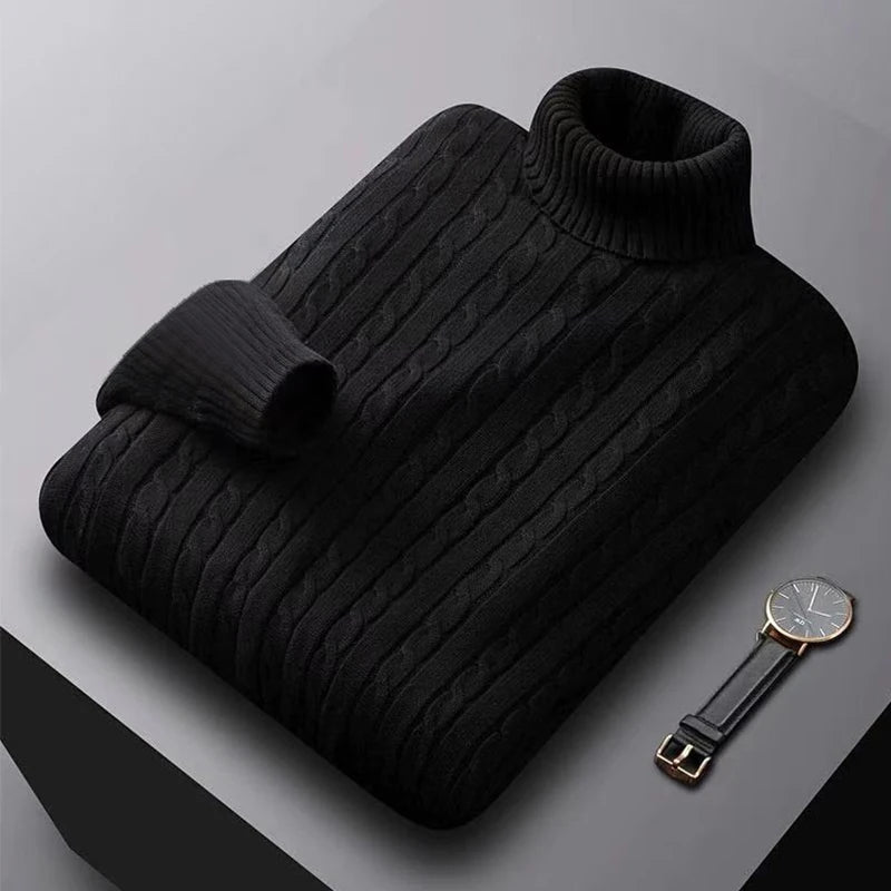 2025 New Men's High Neck Sweater Solid Color Pullover Knitted Warm Casual Turtleneck Sweatwear Woolen Mens Winter Outdoor Tops - ZOOMNSTORE