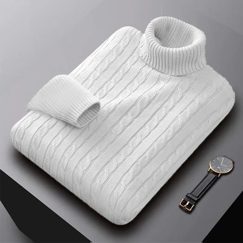 2025 New Men's High Neck Sweater Solid Color Pullover Knitted Warm Casual Turtleneck Sweatwear Woolen Mens Winter Outdoor Tops - ZOOMNSTORE