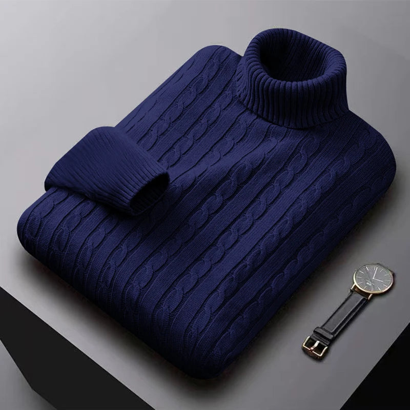 2025 New Men's High Neck Sweater Solid Color Pullover Knitted Warm Casual Turtleneck Sweatwear Woolen Mens Winter Outdoor Tops - ZOOMNSTORE
