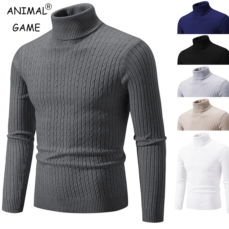 New Men's High Neck Sweater Solid Color Pullover Knitted Warm Casual Turtleneck Sweatwear Woolen Mens Winter Outdoor Tops - ZOOMNSTORE
