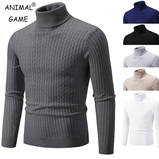 New Men's High Neck Sweater Solid Color Pullover Knitted Warm Casual Turtleneck Sweatwear Woolen Mens Winter Outdoor Tops - ZOOMNSTORE
