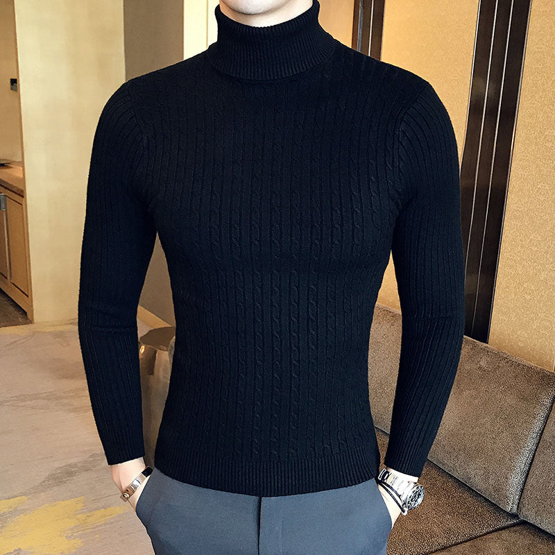 New Men's High Neck Sweater Solid Color Pullover Knitted Warm Casual Turtleneck Sweatwear Woolen Mens Winter Outdoor Tops - ZOOMNSTORE