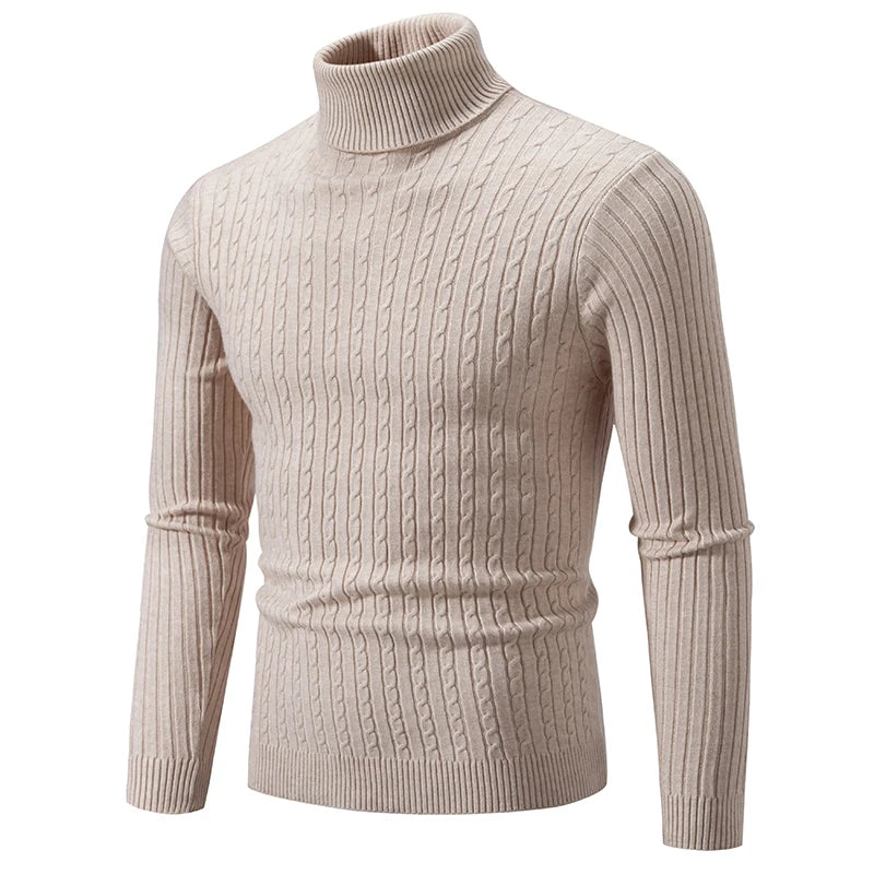 New Men's High Neck Sweater Solid Color Pullover Knitted Warm Casual Turtleneck Sweatwear Woolen Mens Winter Outdoor Tops - ZOOMNSTORE