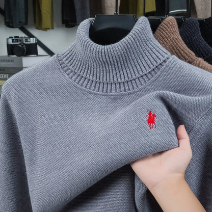 High end brand velvet sweater men's new fashion designer exquisite pony embroidery winter thick warm high neck knitted pullover - ZOOMNSTORE
