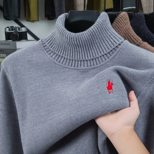 High end brand velvet sweater men's new fashion designer exquisite pony embroidery winter thick warm high neck knitted pullover - ZOOMNSTORE