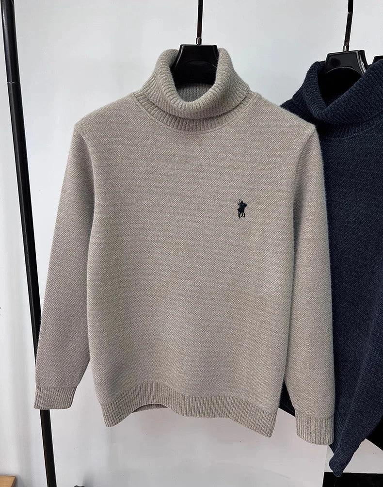 High end brand velvet sweater men's new fashion designer exquisite pony embroidery winter thick warm high neck knitted pullover - ZOOMNSTORE
