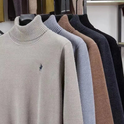 High end brand velvet sweater men's new fashion designer exquisite pony embroidery winter thick warm high neck knitted pullover - ZOOMNSTORE