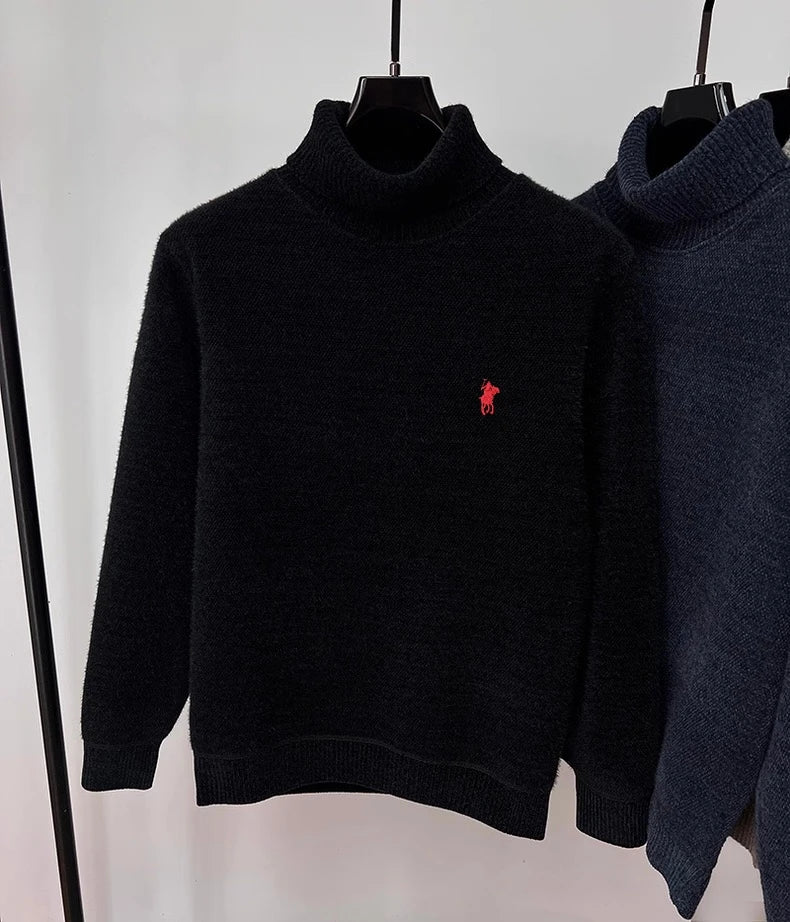 High end brand velvet sweater men's new fashion designer exquisite pony embroidery winter thick warm high neck knitted pullover - ZOOMNSTORE