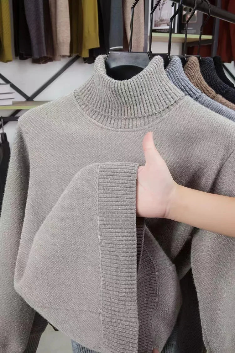 High end brand velvet sweater men's new fashion designer exquisite pony embroidery winter thick warm high neck knitted pullover - ZOOMNSTORE