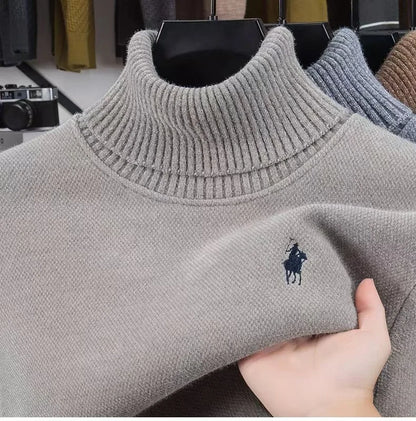 High end brand velvet sweater men's new fashion designer exquisite pony embroidery winter thick warm high neck knitted pullover - ZOOMNSTORE