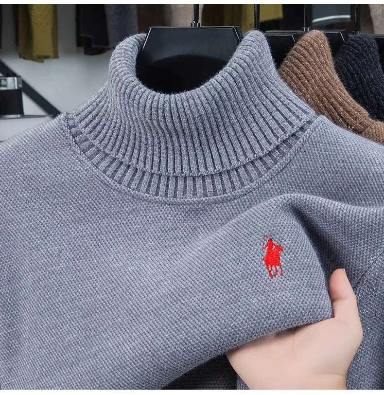 High end brand velvet sweater men's new fashion designer exquisite pony embroidery winter thick warm high neck knitted pullover - ZOOMNSTORE