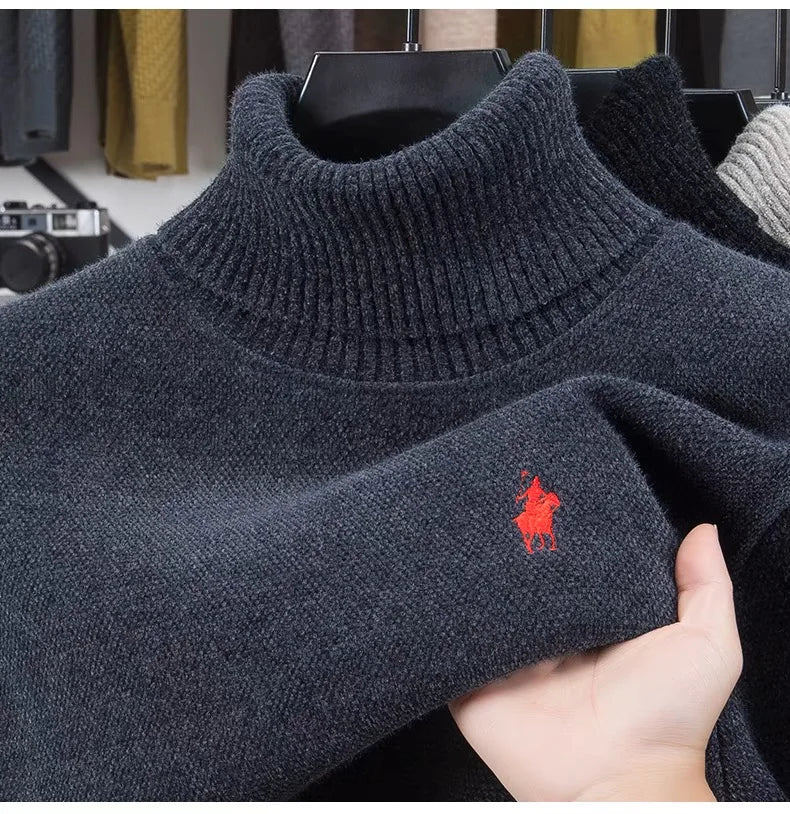 High end brand velvet sweater men's new fashion designer exquisite pony embroidery winter thick warm high neck knitted pullover - ZOOMNSTORE