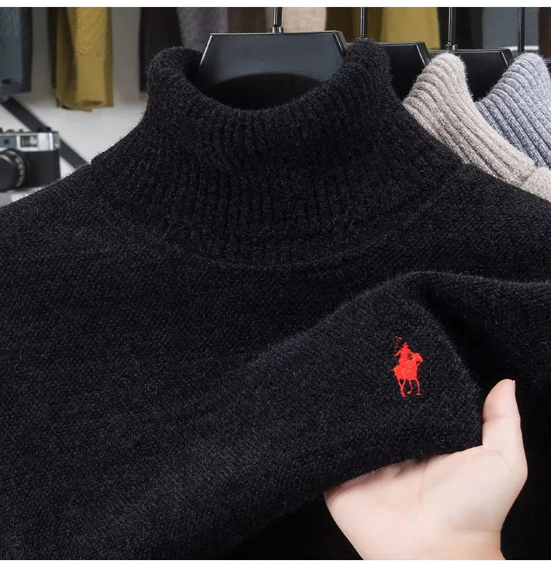 High end brand velvet sweater men's new fashion designer exquisite pony embroidery winter thick warm high neck knitted pullover - ZOOMNSTORE