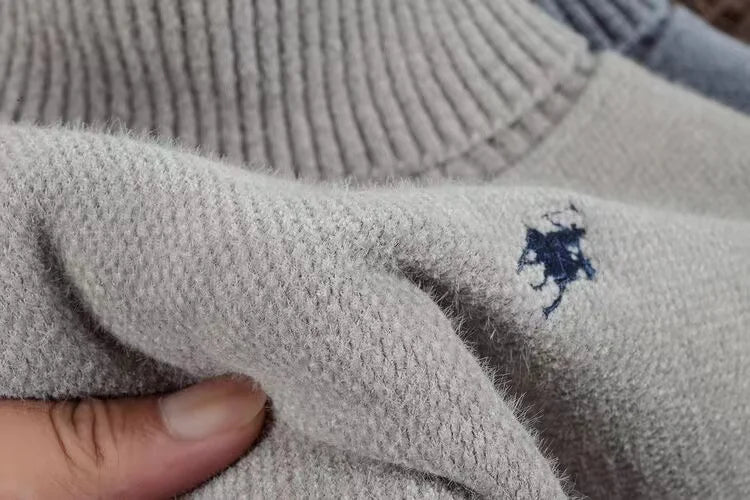 High end brand velvet sweater men's new fashion designer exquisite pony embroidery winter thick warm high neck knitted pullover - ZOOMNSTORE