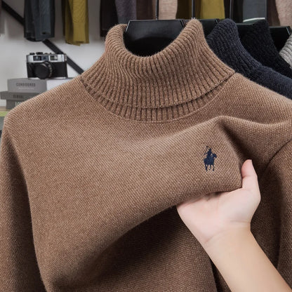 High end brand velvet sweater men's new fashion designer exquisite pony embroidery winter thick warm high neck knitted pullover - ZOOMNSTORE