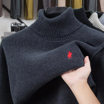 High end brand velvet sweater men's new fashion designer exquisite pony embroidery winter thick warm high neck knitted pullover - ZOOMNSTORE