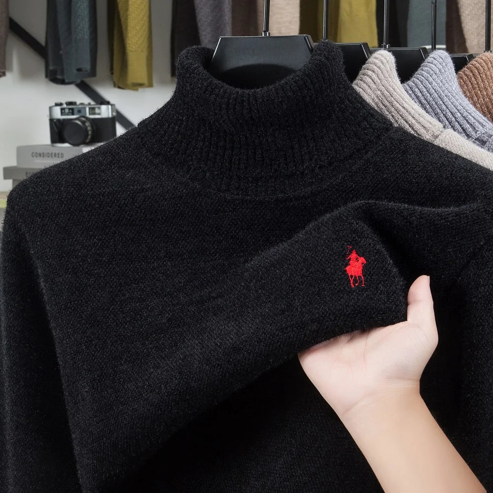 High end brand velvet sweater men's new fashion designer exquisite pony embroidery winter thick warm high neck knitted pullover - ZOOMNSTORE