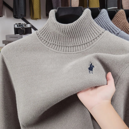 High end brand velvet sweater men's new fashion designer exquisite pony embroidery winter thick warm high neck knitted pullover - ZOOMNSTORE