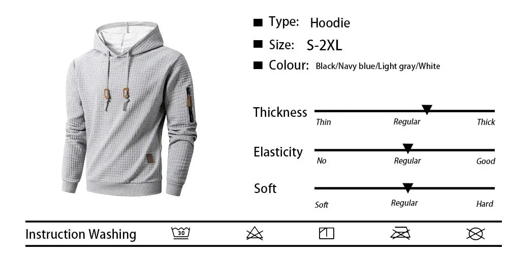 Men's Waffle Hoodie - Casual Warm Pullover With Drawstring Hood & Ribbed Cuffs - ZOOMNSTORE