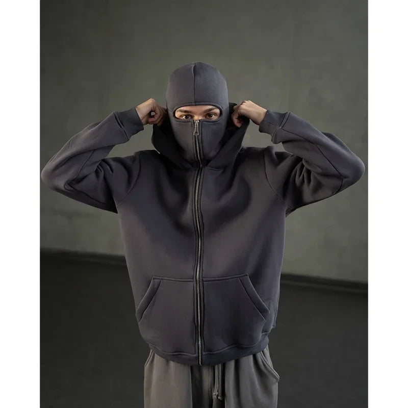 Men's Winter Hoodie - Windproof Jacket With Double Hat Mask & Zipper Sportswear - ZOOMNSTORE