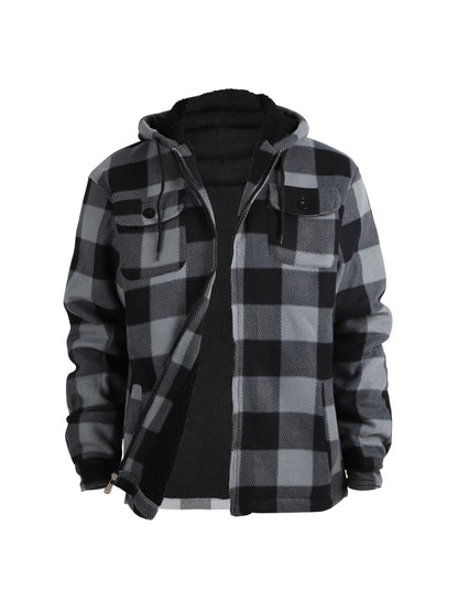 Men's Winter Jacket - Casual Hooded Plaid Coat With Zipper Closure & Windproof Warm Outerwear - ZOOMNSTORE