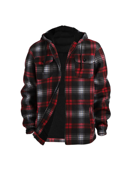 Men's Winter Jacket - Casual Hooded Plaid Coat With Zipper Closure & Windproof Warm Outerwear - ZOOMNSTORE