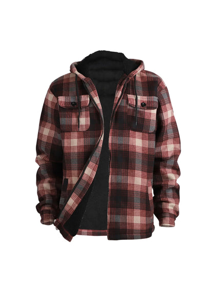 Men's Winter Jacket - Casual Hooded Plaid Coat With Zipper Closure & Windproof Warm Outerwear - ZOOMNSTORE