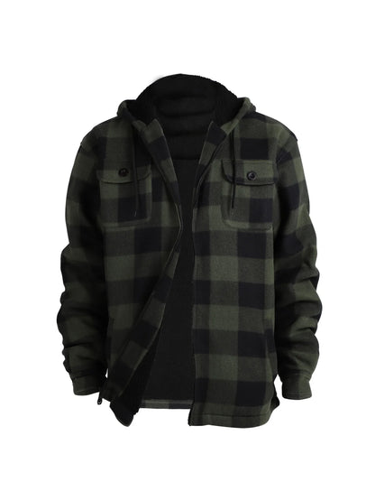 Men's Winter Jacket - Casual Hooded Plaid Coat With Zipper Closure & Windproof Warm Outerwear - ZOOMNSTORE