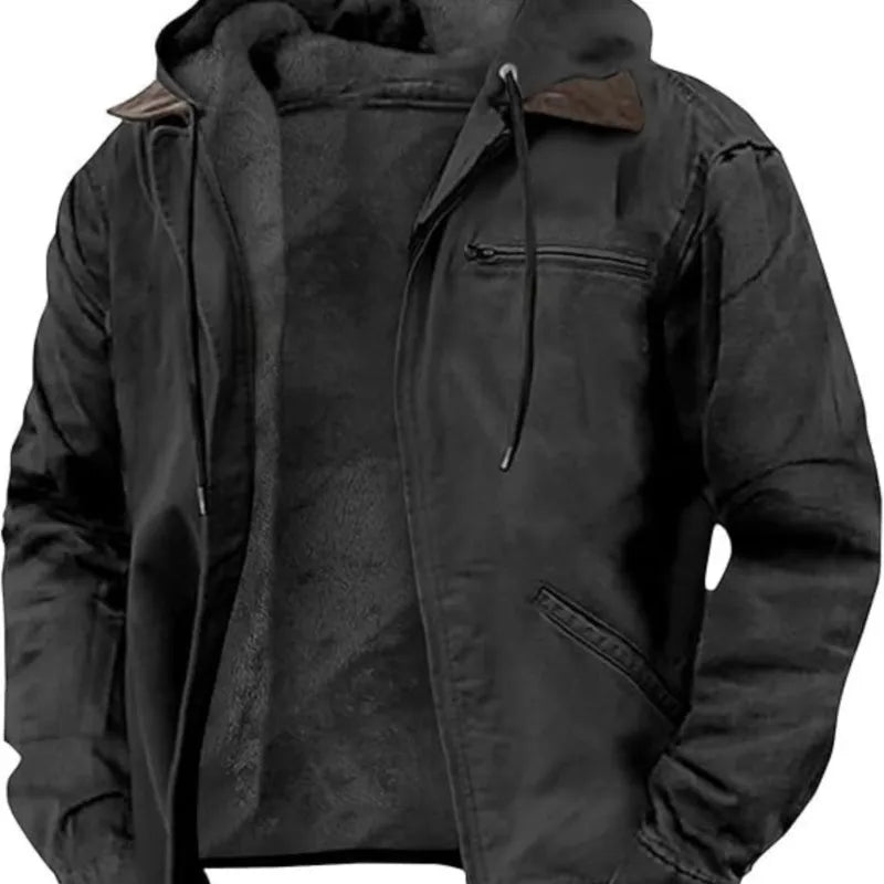 Men's Winter Jacket – Casual Hooded Zipper Fleece With Multiple Pockets, Thick Cotton Polyester Coat - ZOOMNSTORE